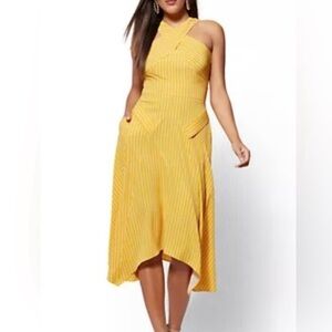 New York & Company Yellow Striped Criss Cross Neck Dress